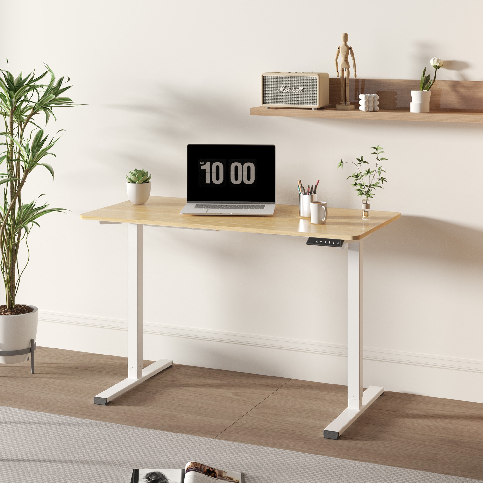 Electric Standing Desk Whole Piece Adjustable Height Desk Home Office Computer Workstation Sit Stand Up Desk (White Frame + Maple Top)_voghion.com